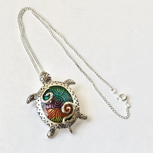 Silver Sea Turtle Brooch Pendant Necklace Pin Enamel Multicolor Rhodium Plated - Picture 7 of 10